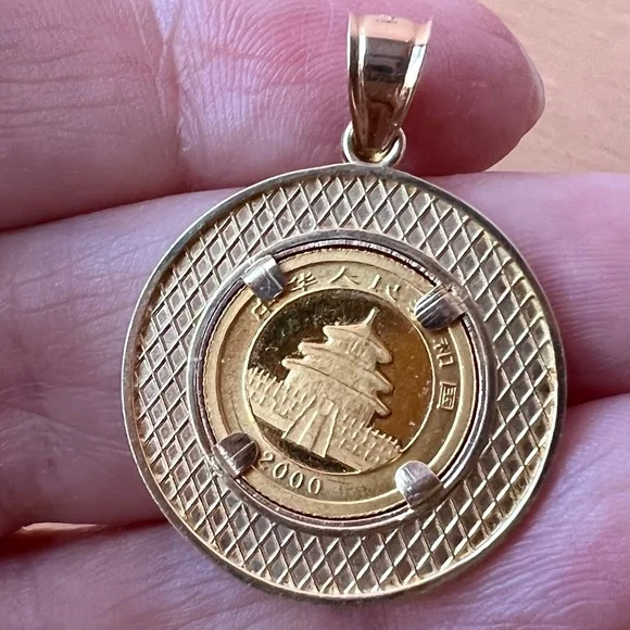 14K BEZEL SET PENDANT PANDA COIN 2000 1/20oz 5 YUAN FROSTED .999 FINE GOLD